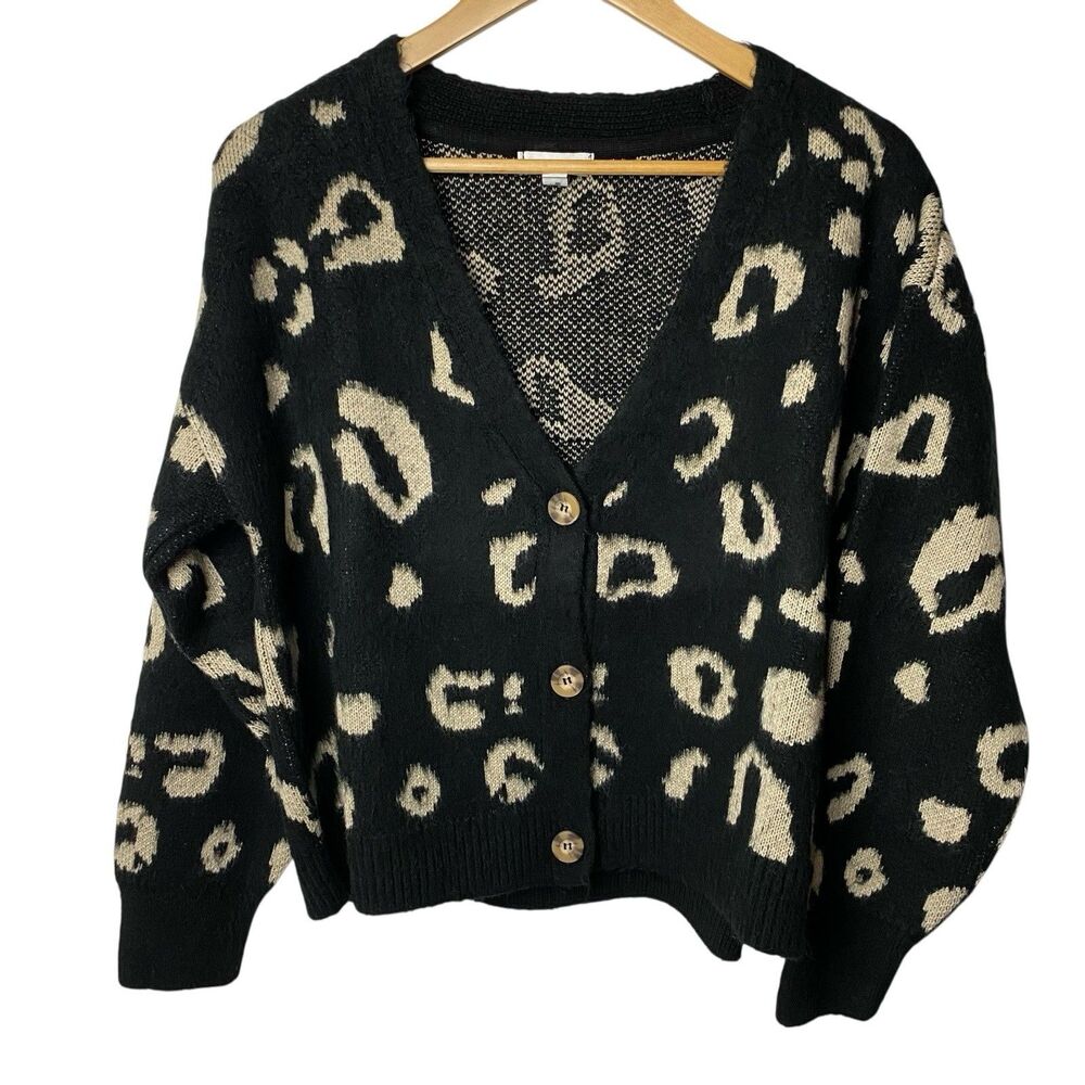 Topshop Leopard Cardigan Sweater M Boxy Oversized Black Cream US 4–6 M Cozy
